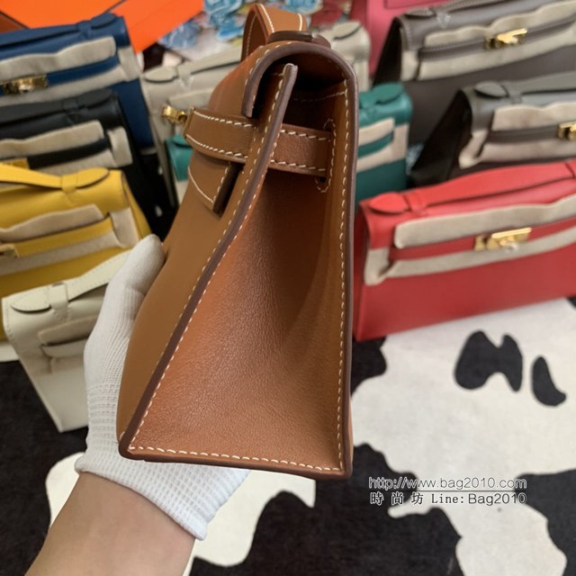 Hermes凱利女包 愛馬仕Minikelly pochette一代 原廠進口swift皮 半手工蠟線 金棕 金銀扣  tdh2261